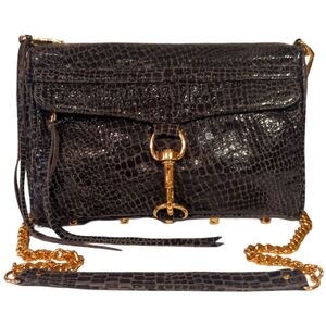 Rebecca Minkoff MAC Crocodile Embossed Black Leather Messenger Crossbody